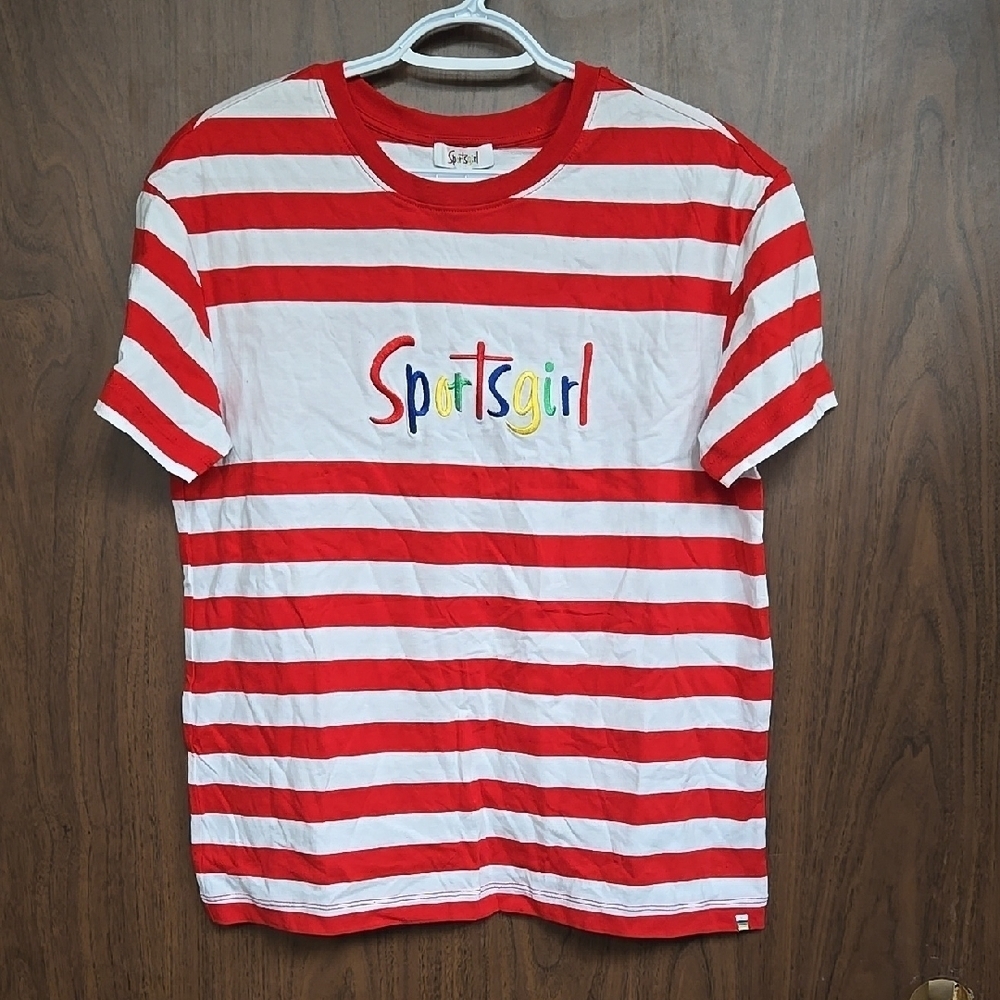 Sportsgirl Size XS Red and White Striped Embroidered Crew Neck T-Shirt
